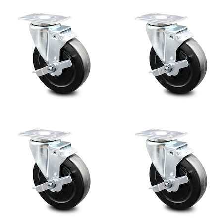 Service Caster 5 Inch Hard Rubber Wheel Swivel Top Plate Caster Set with Brake SCC-20S514-HRS-TLB-TP3-4